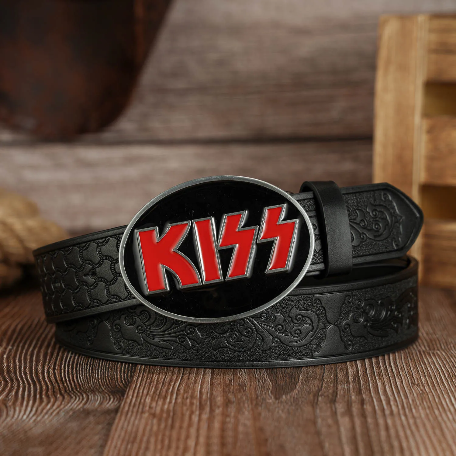 Oval KISS Red and Black Base Buckle Casual and Versatile Tengyun PU Embossed Belt Unisex Belt