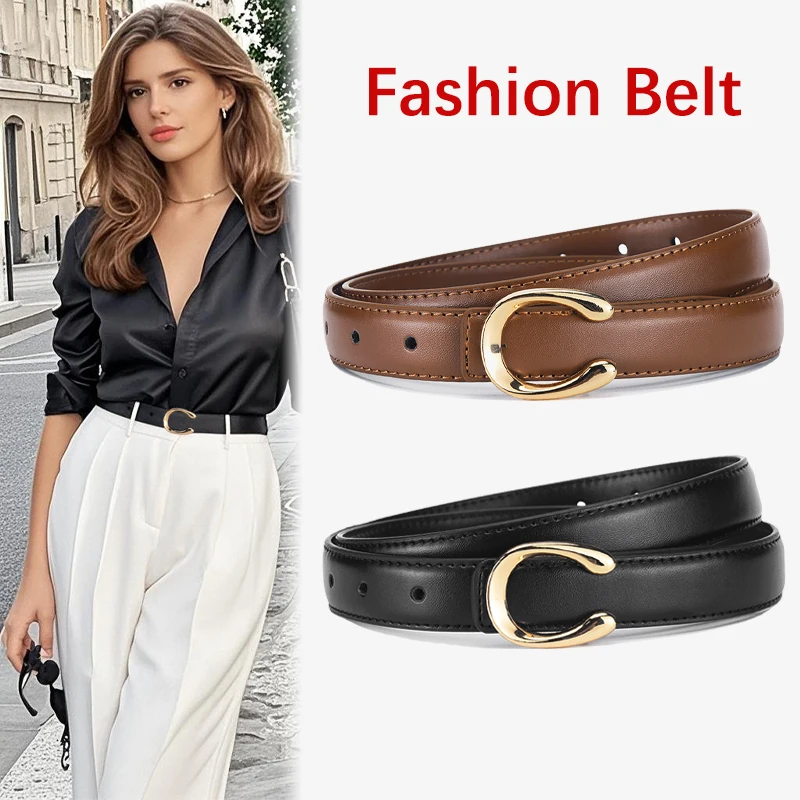 Women's C-shaped Smooth Buckle PU Belt Fashionable Versatile Dress Sweater Casual Pants Belt Simple Ladies Banquet Gifts