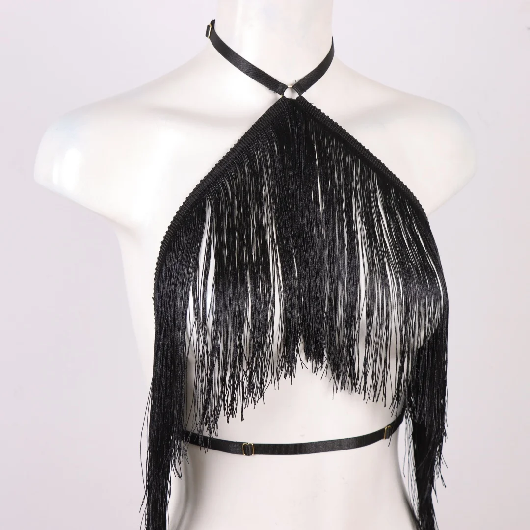 UYEE Women's Black Halter Top with Tassel Detail Adjustable Elastic Harness Casual All-Season Wear Belt