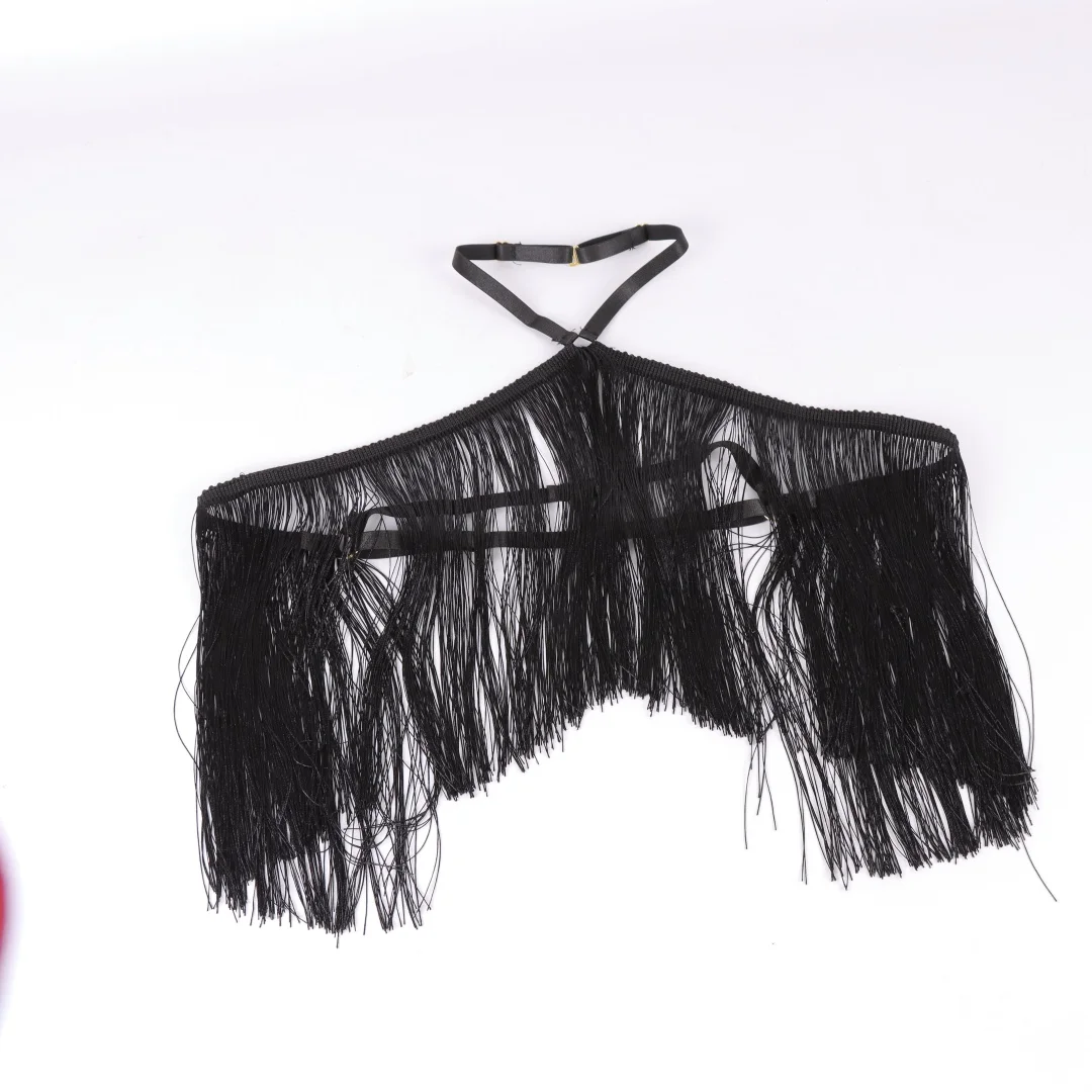 UYEE Women's Black Halter Top with Tassel Detail Adjustable Elastic Harness Casual All-Season Wear Belt