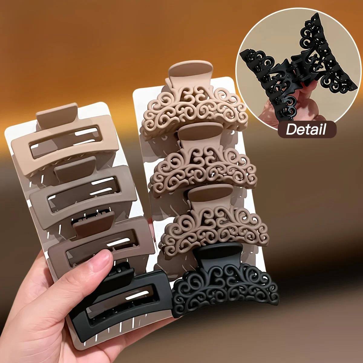 8Pcs Women's Square Patterned Shark Clips, Women's Hair Accessories, Medium-Sized Hair Clips in Coffee Color and Black, Vintage Simple Style, Suitable for Daily Wear, Holiday Wear, and Beach Vacations