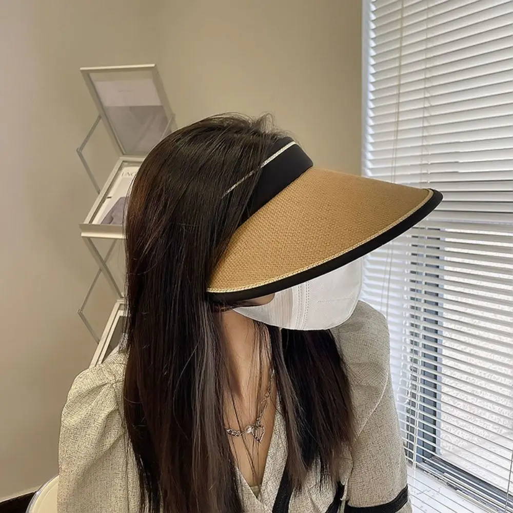 Women Girls Empty Top Wide Large Brim Foldable Casual Visors Sun Hats Straw Cap Sunshade Beach Hat