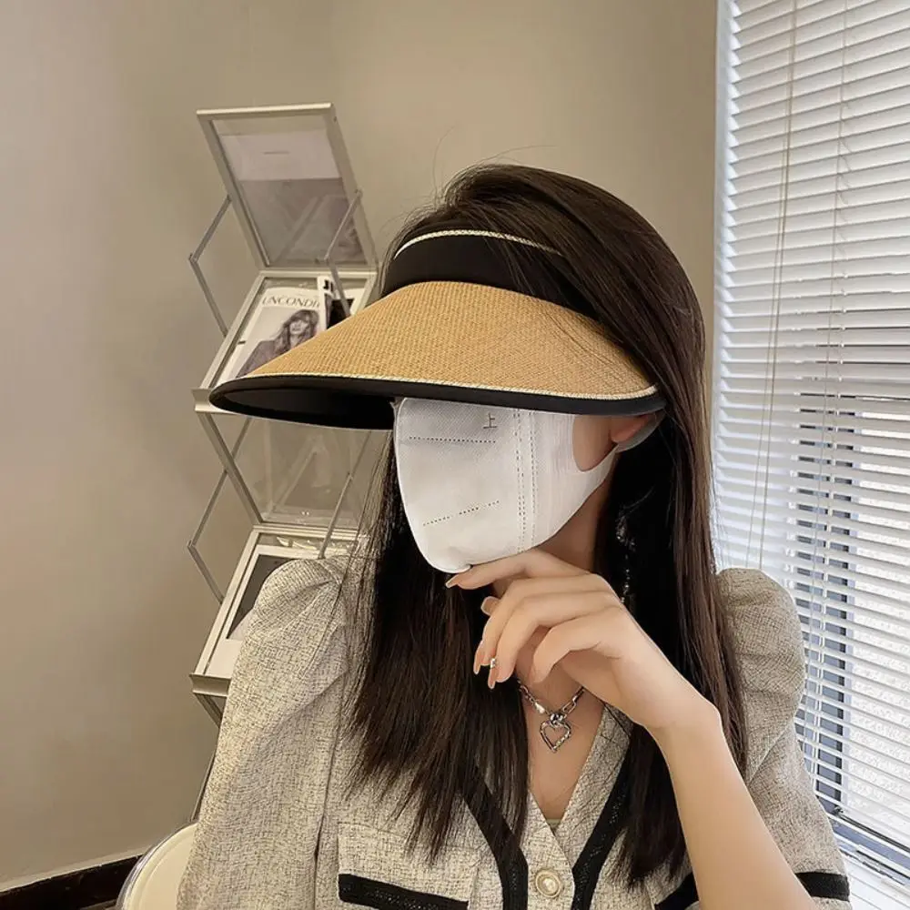 Women Girls Empty Top Wide Large Brim Foldable Casual Visors Sun Hats Straw Cap Sunshade Beach Hat