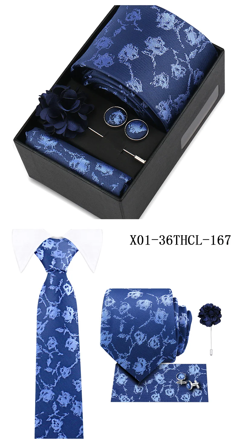 Men Tie Set With Box Flower Pin Luxury Necktie Handkerchief Brooch With Cufflinks Set Gift Box Wedding Men Suits Neck Gravatas