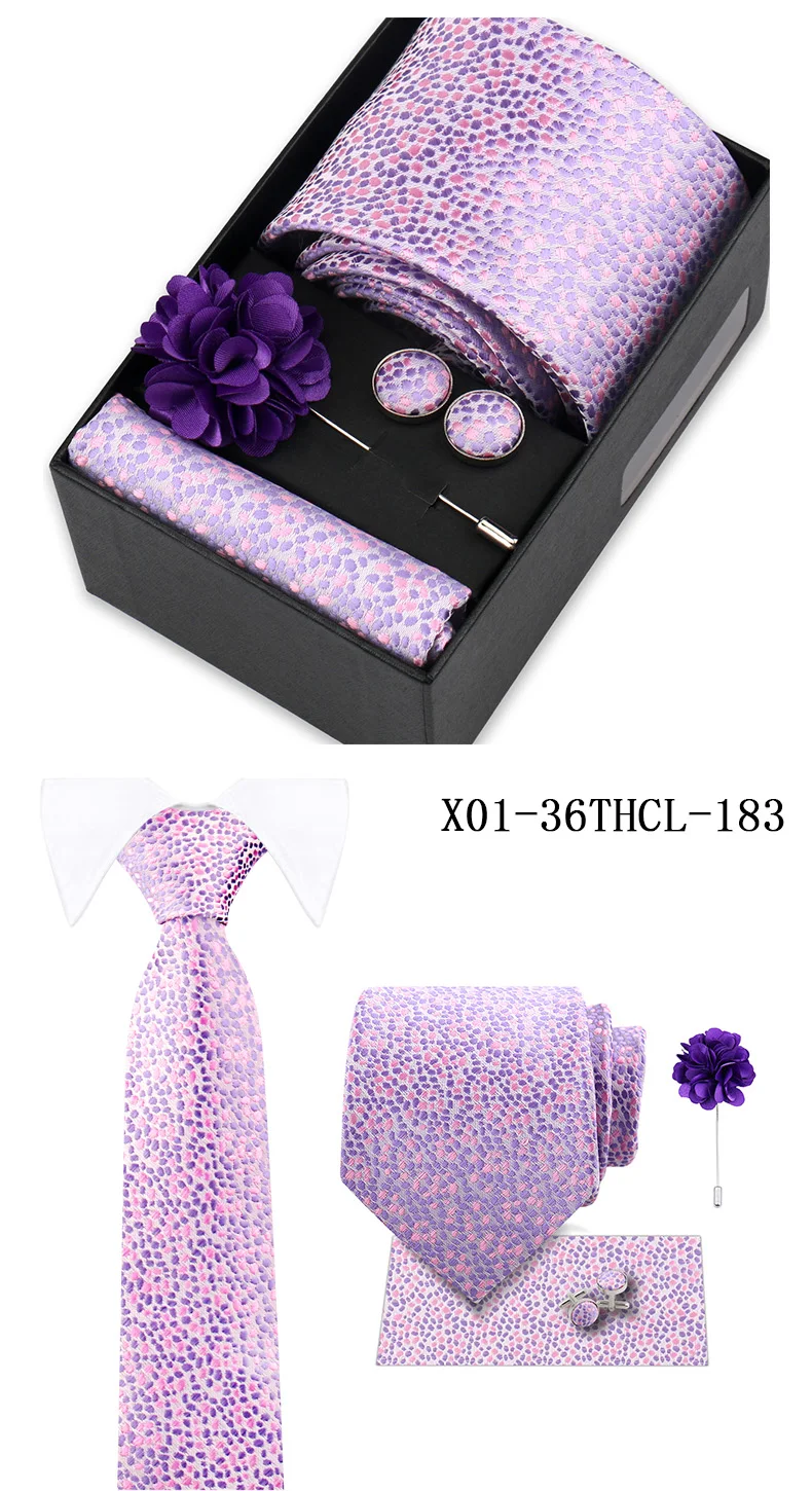 Men Tie Set With Box Flower Pin Luxury Necktie Handkerchief Brooch With Cufflinks Set Gift Box Wedding Men Suits Neck Gravatas