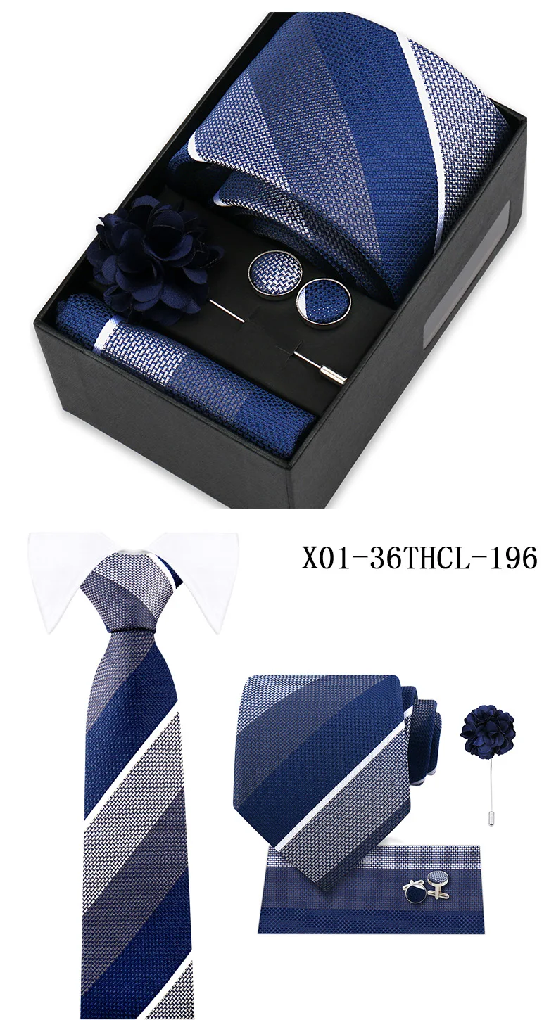 Men Tie Set With Box Flower Pin Luxury Necktie Handkerchief Brooch With Cufflinks Set Gift Box Wedding Men Suits Neck Gravatas