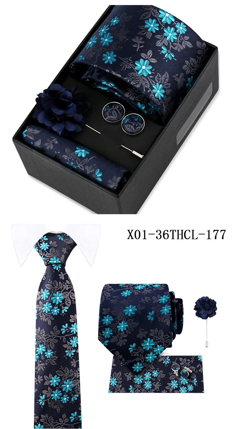 Men Tie Set With Box Flower Pin Luxury Necktie Handkerchief Brooch With Cufflinks Set Gift Box Wedding Men Suits Neck Gravatas