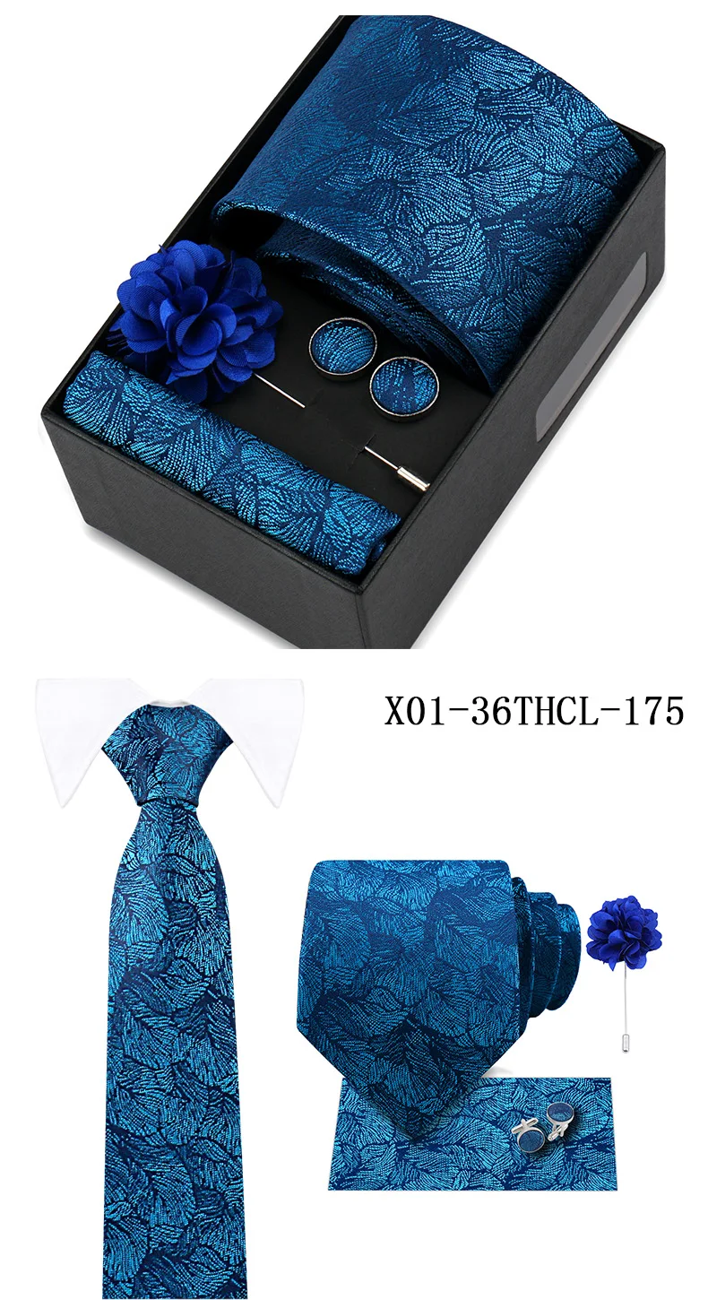 Men Tie Set With Box Flower Pin Luxury Necktie Handkerchief Brooch With Cufflinks Set Gift Box Wedding Men Suits Neck Gravatas
