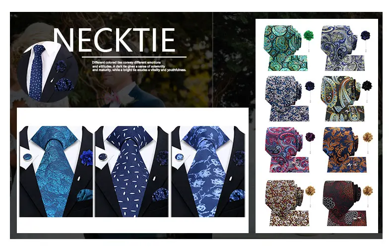 Men Tie Set With Box Flower Pin Luxury Necktie Handkerchief Brooch With Cufflinks Set Gift Box Wedding Men Suits Neck Gravatas