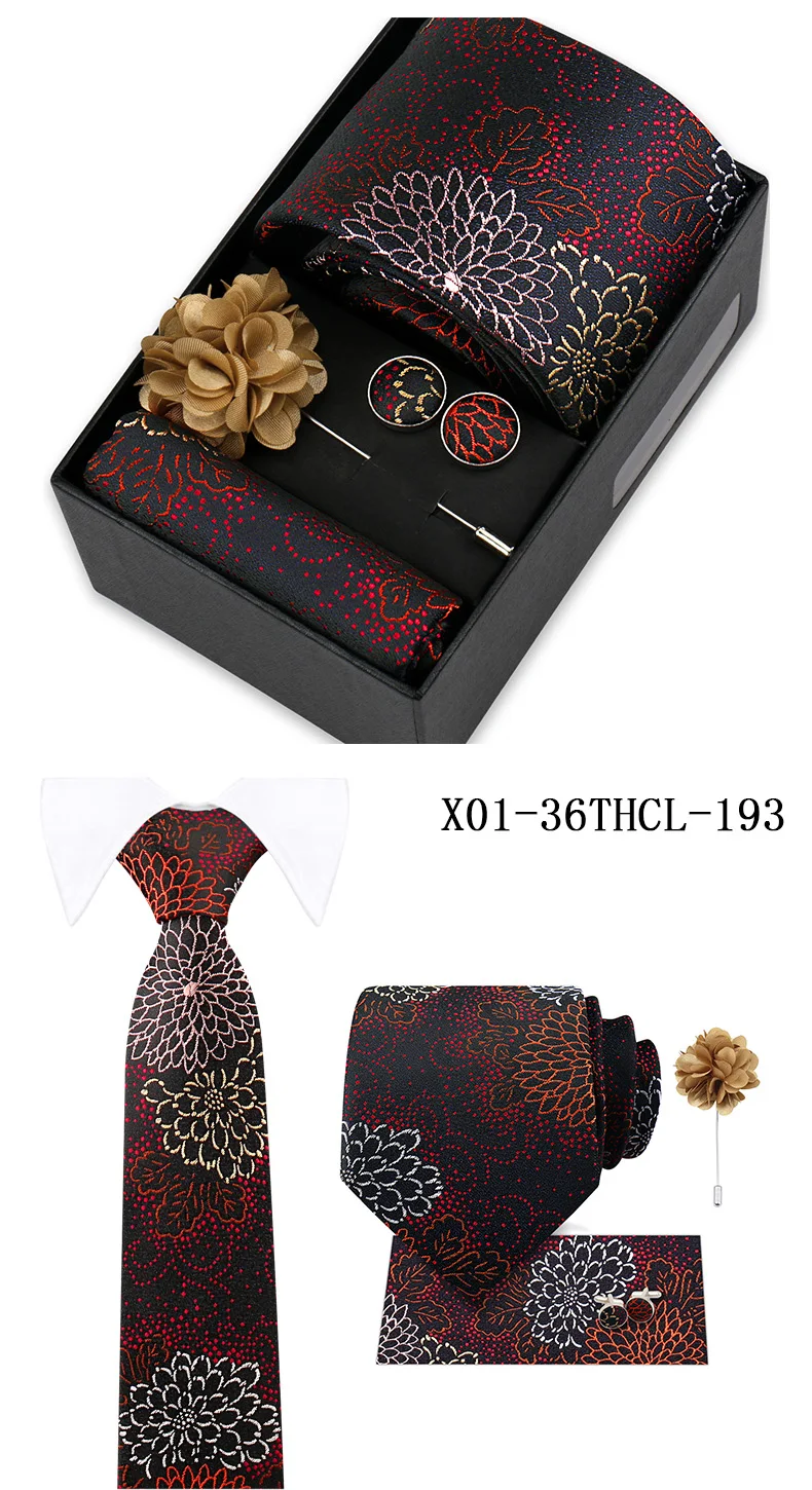 Men Tie Set With Box Flower Pin Luxury Necktie Handkerchief Brooch With Cufflinks Set Gift Box Wedding Men Suits Neck Gravatas