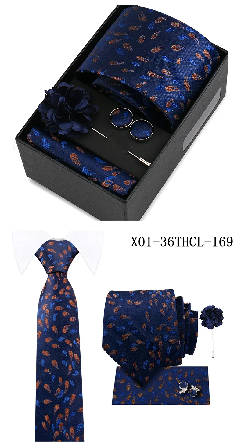Men Tie Set With Box Flower Pin Luxury Necktie Handkerchief Brooch With Cufflinks Set Gift Box Wedding Men Suits Neck Gravatas