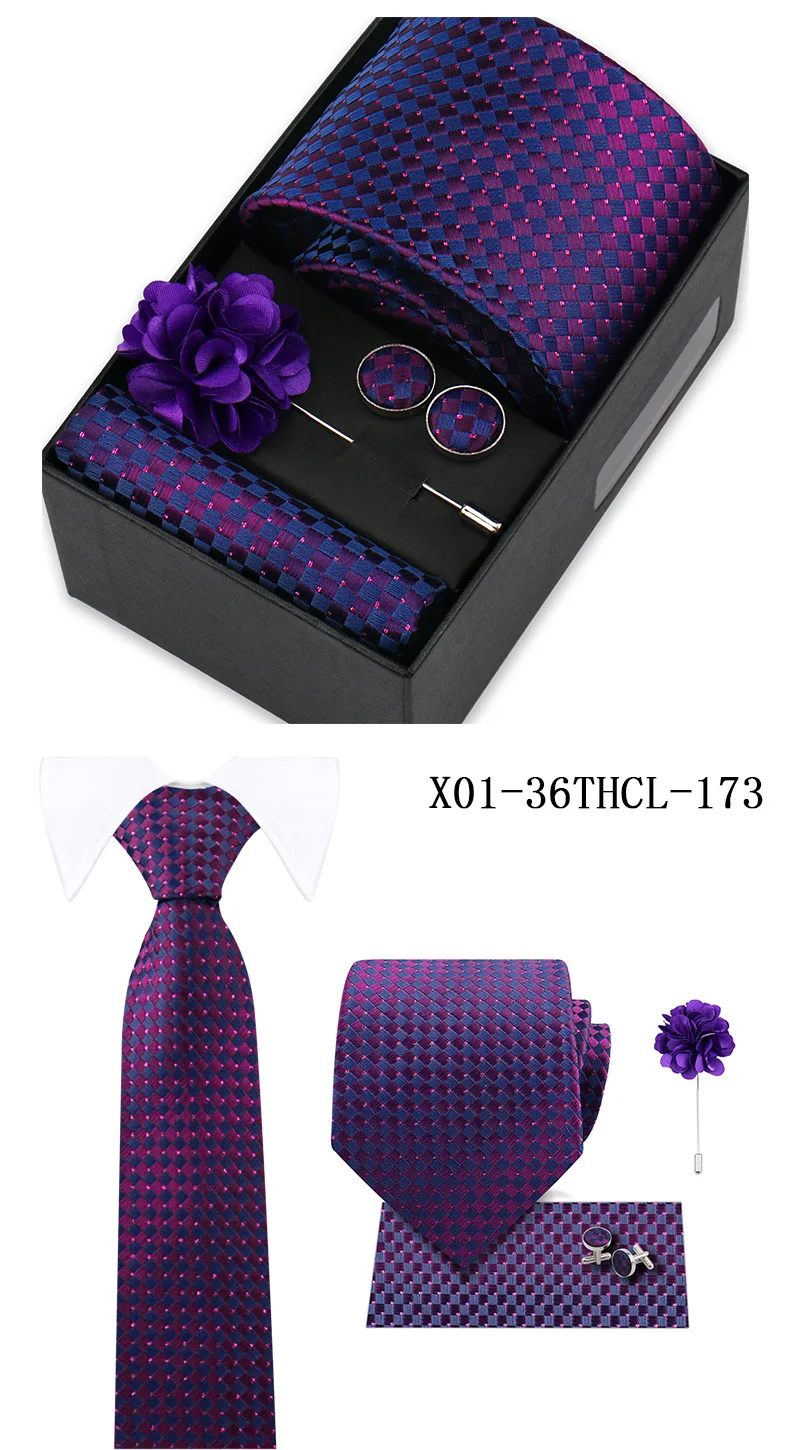 Men Tie Set With Box Flower Pin Luxury Necktie Handkerchief Brooch With Cufflinks Set Gift Box Wedding Men Suits Neck Gravatas