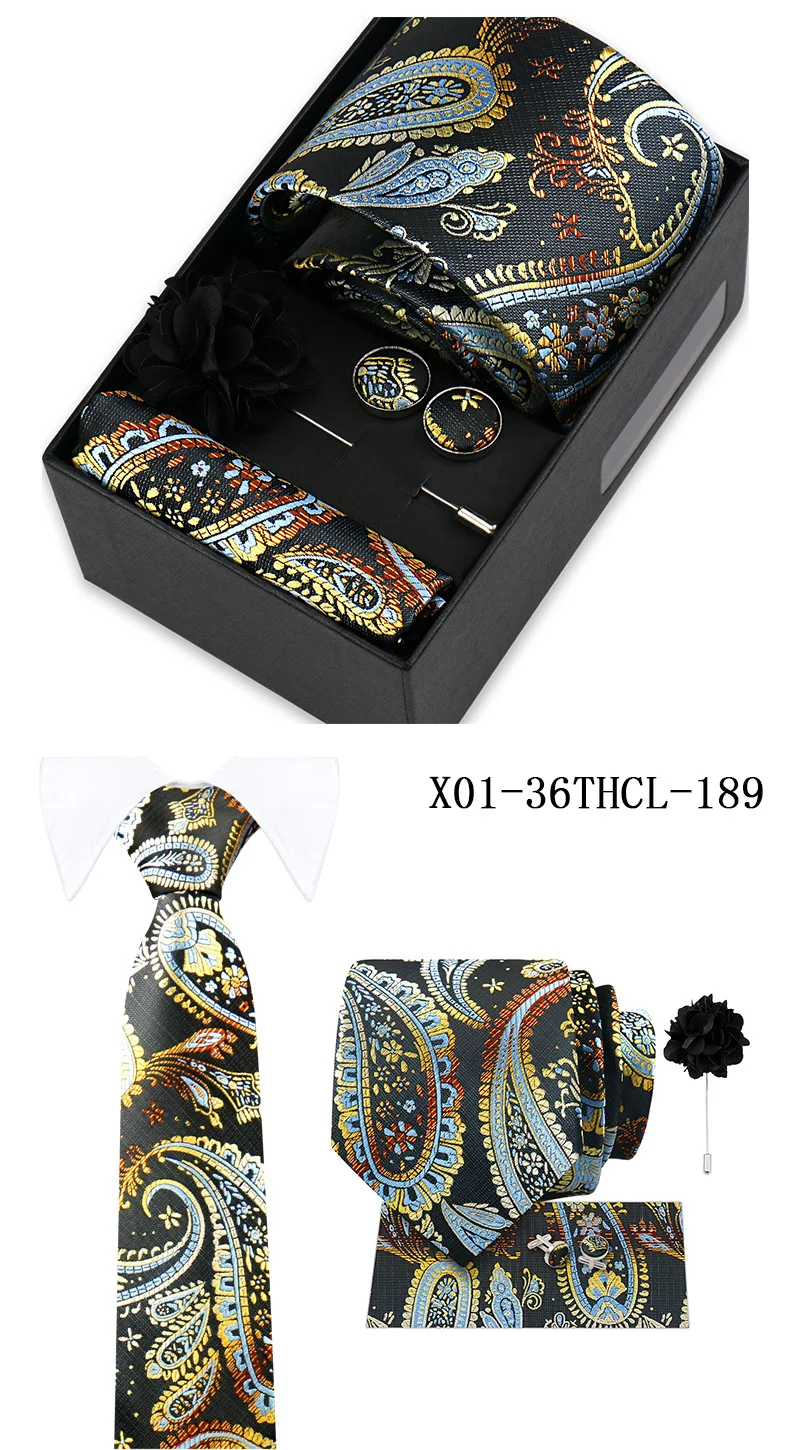 Men Tie Set With Box Flower Pin Luxury Necktie Handkerchief Brooch With Cufflinks Set Gift Box Wedding Men Suits Neck Gravatas