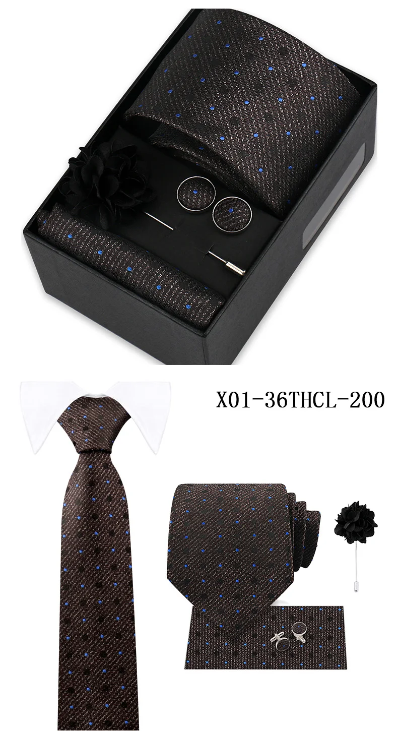 Men Tie Set With Box Flower Pin Luxury Necktie Handkerchief Brooch With Cufflinks Set Gift Box Wedding Men Suits Neck Gravatas