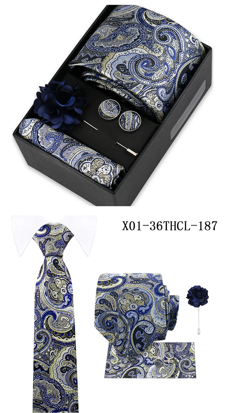 Men Tie Set With Box Flower Pin Luxury Necktie Handkerchief Brooch With Cufflinks Set Gift Box Wedding Men Suits Neck Gravatas