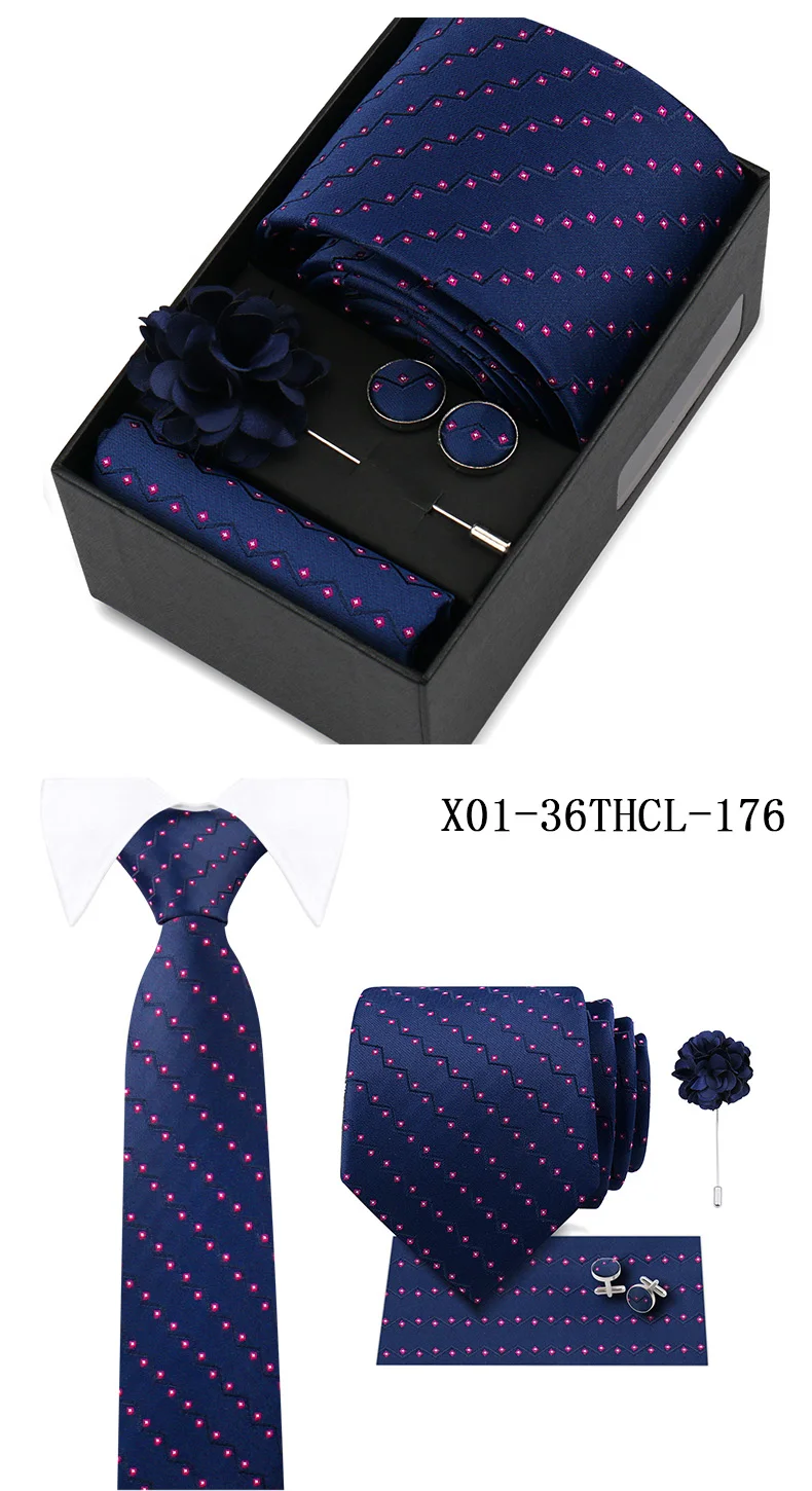 Men Tie Set With Box Flower Pin Luxury Necktie Handkerchief Brooch With Cufflinks Set Gift Box Wedding Men Suits Neck Gravatas