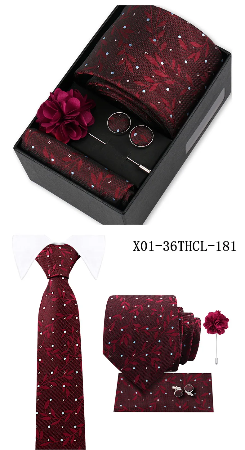 Men Tie Set With Box Flower Pin Luxury Necktie Handkerchief Brooch With Cufflinks Set Gift Box Wedding Men Suits Neck Gravatas