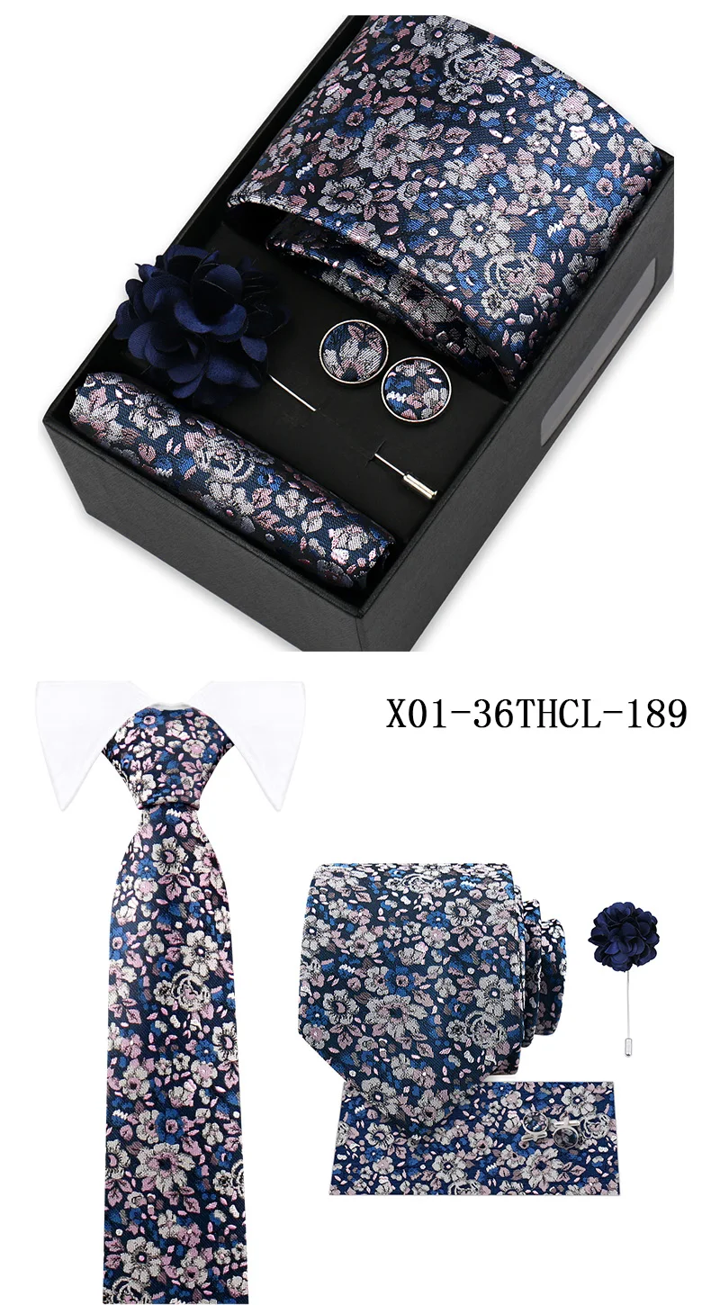 Men Tie Set With Box Flower Pin Luxury Necktie Handkerchief Brooch With Cufflinks Set Gift Box Wedding Men Suits Neck Gravatas