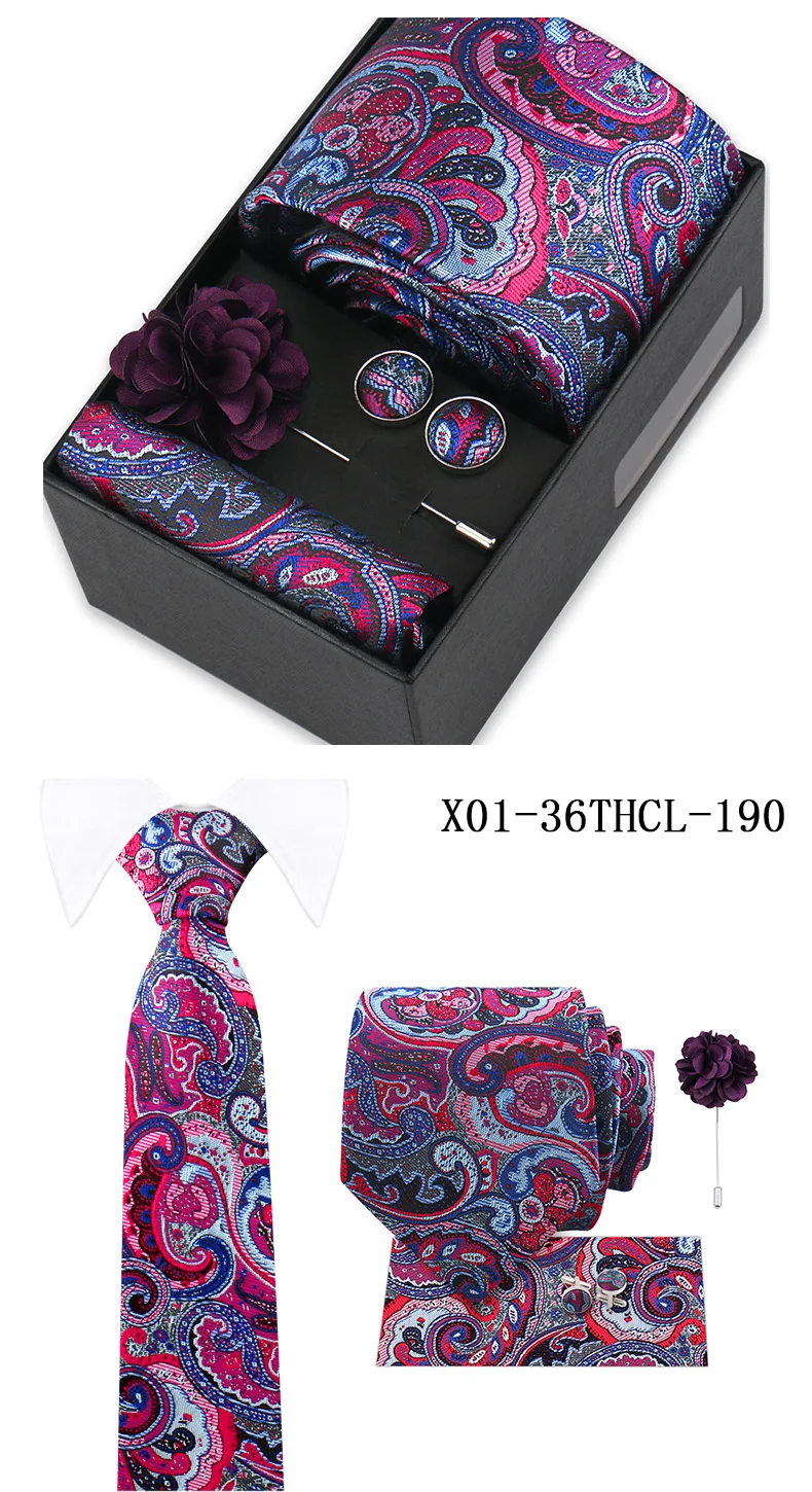 Men Tie Set With Box Flower Pin Luxury Necktie Handkerchief Brooch With Cufflinks Set Gift Box Wedding Men Suits Neck Gravatas