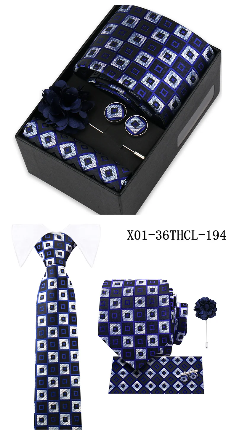 Men Tie Set With Box Flower Pin Luxury Necktie Handkerchief Brooch With Cufflinks Set Gift Box Wedding Men Suits Neck Gravatas