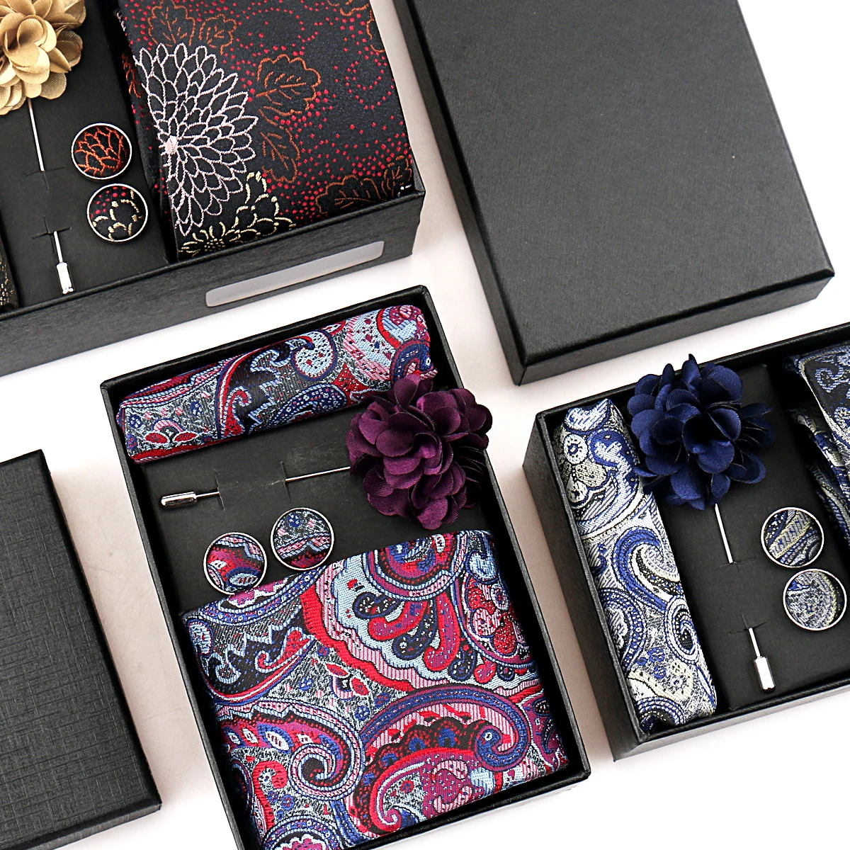 Men Tie Set With Box Flower Pin Luxury Necktie Handkerchief Brooch With Cufflinks Set Gift Box Wedding Men Suits Neck Gravatas
