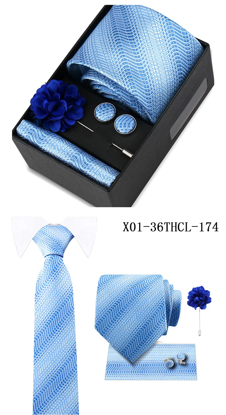 Men Tie Set With Box Flower Pin Luxury Necktie Handkerchief Brooch With Cufflinks Set Gift Box Wedding Men Suits Neck Gravatas