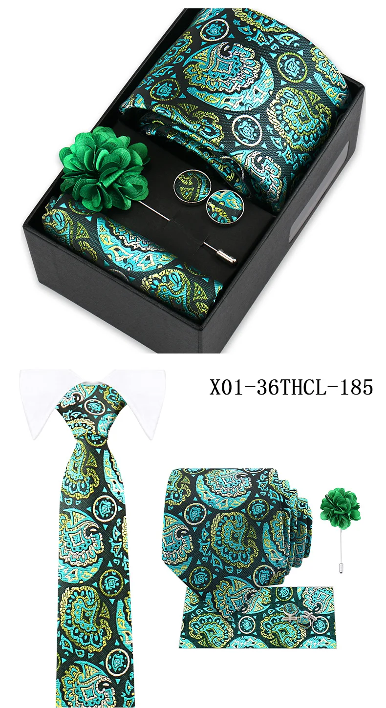 Men Tie Set With Box Flower Pin Luxury Necktie Handkerchief Brooch With Cufflinks Set Gift Box Wedding Men Suits Neck Gravatas