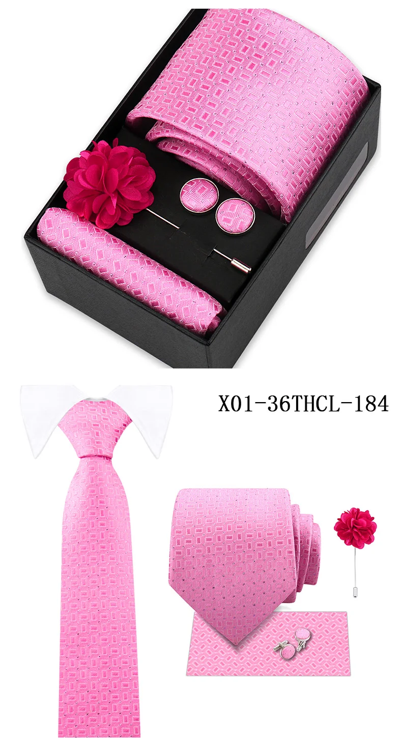 Men Tie Set With Box Flower Pin Luxury Necktie Handkerchief Brooch With Cufflinks Set Gift Box Wedding Men Suits Neck Gravatas