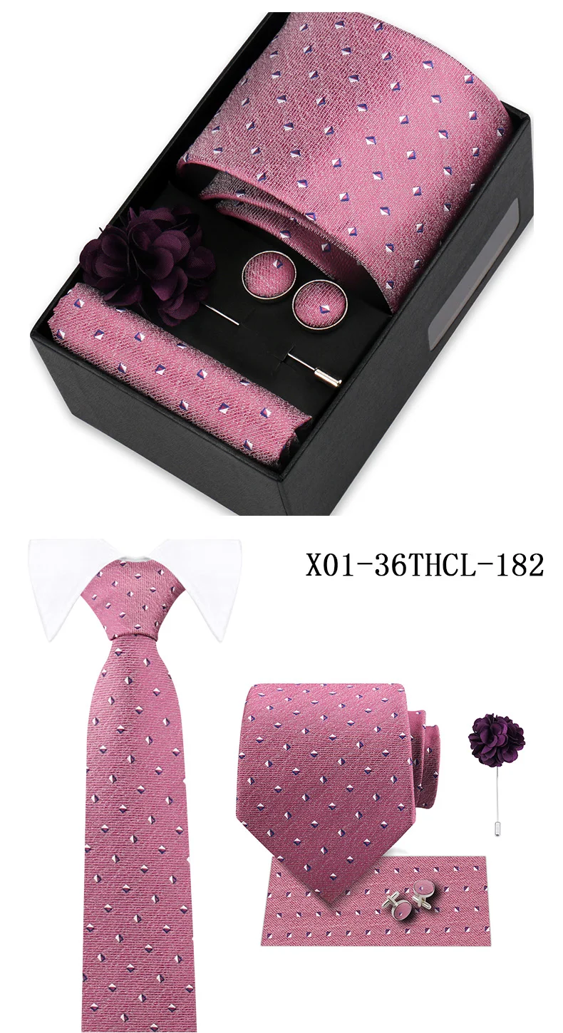 Men Tie Set With Box Flower Pin Luxury Necktie Handkerchief Brooch With Cufflinks Set Gift Box Wedding Men Suits Neck Gravatas