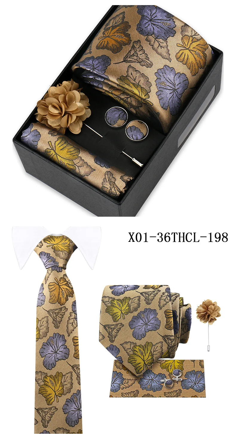 Men Tie Set With Box Flower Pin Luxury Necktie Handkerchief Brooch With Cufflinks Set Gift Box Wedding Men Suits Neck Gravatas