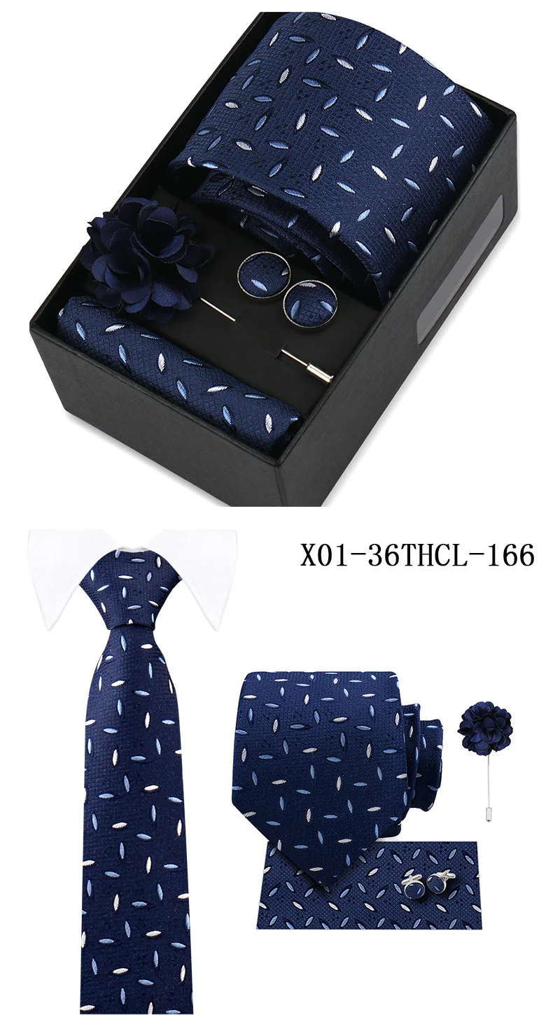 Men Tie Set With Box Flower Pin Luxury Necktie Handkerchief Brooch With Cufflinks Set Gift Box Wedding Men Suits Neck Gravatas
