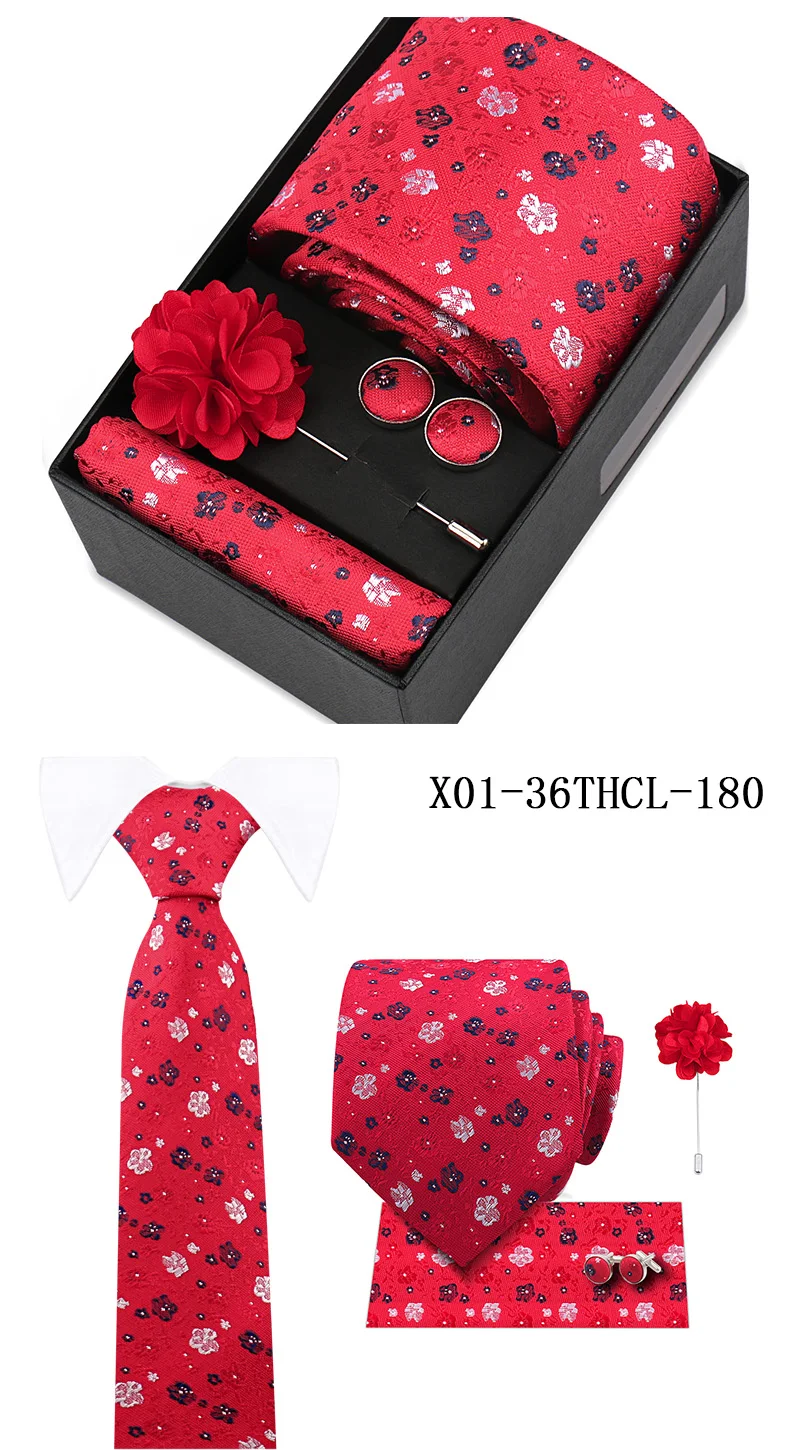 Men Tie Set With Box Flower Pin Luxury Necktie Handkerchief Brooch With Cufflinks Set Gift Box Wedding Men Suits Neck Gravatas