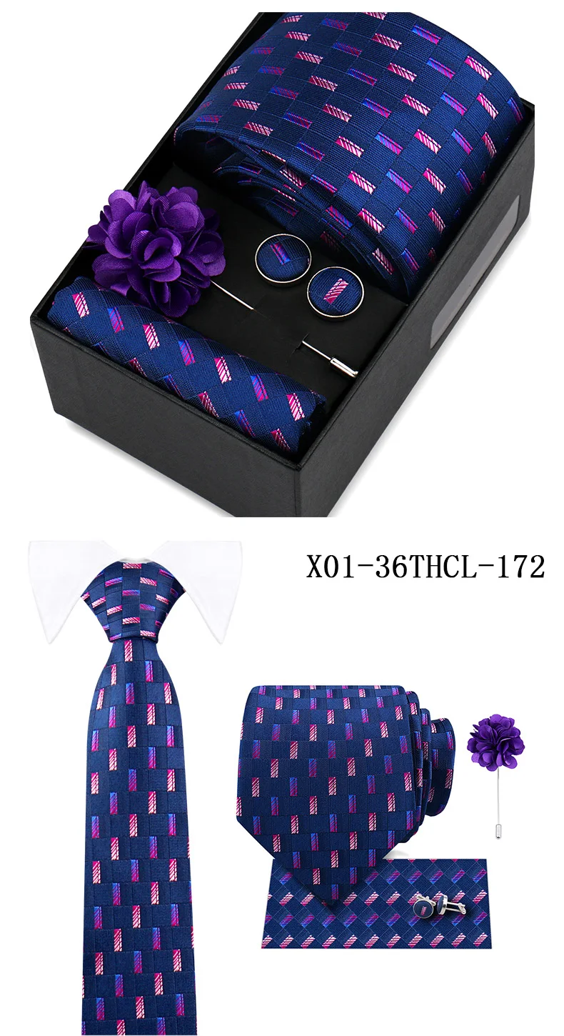 Men Tie Set With Box Flower Pin Luxury Necktie Handkerchief Brooch With Cufflinks Set Gift Box Wedding Men Suits Neck Gravatas