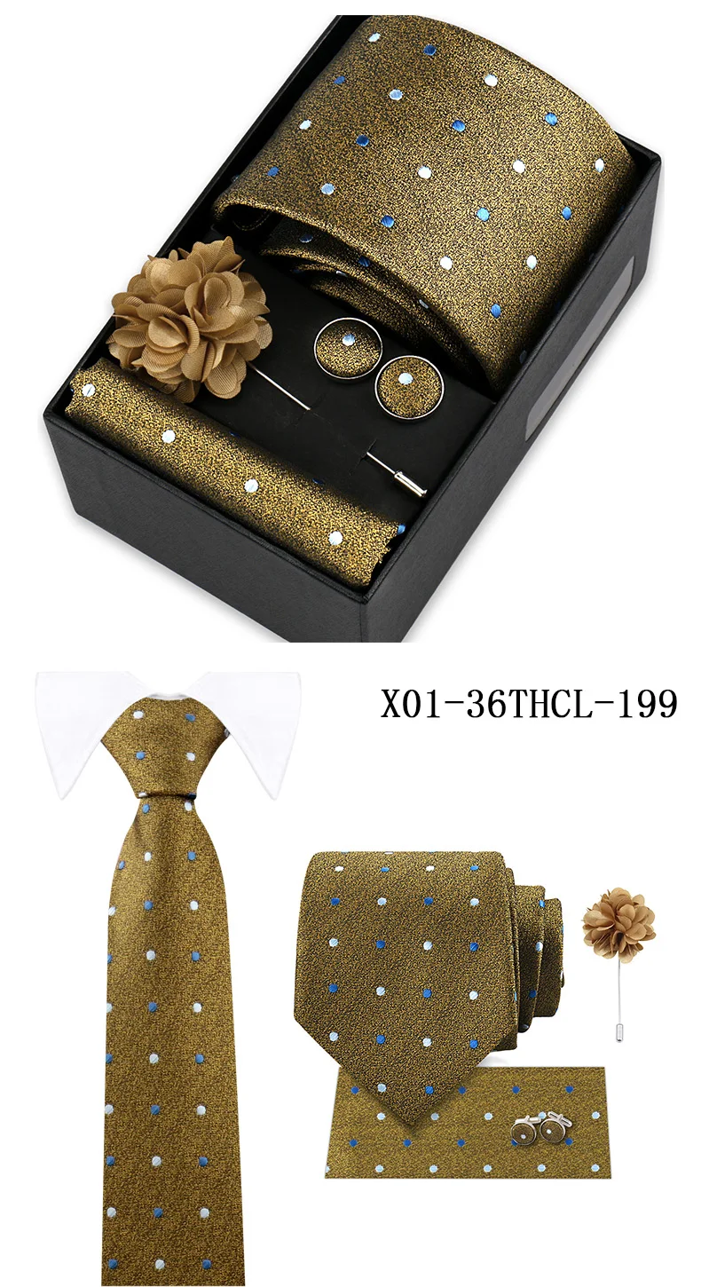 Men Tie Set With Box Flower Pin Luxury Necktie Handkerchief Brooch With Cufflinks Set Gift Box Wedding Men Suits Neck Gravatas
