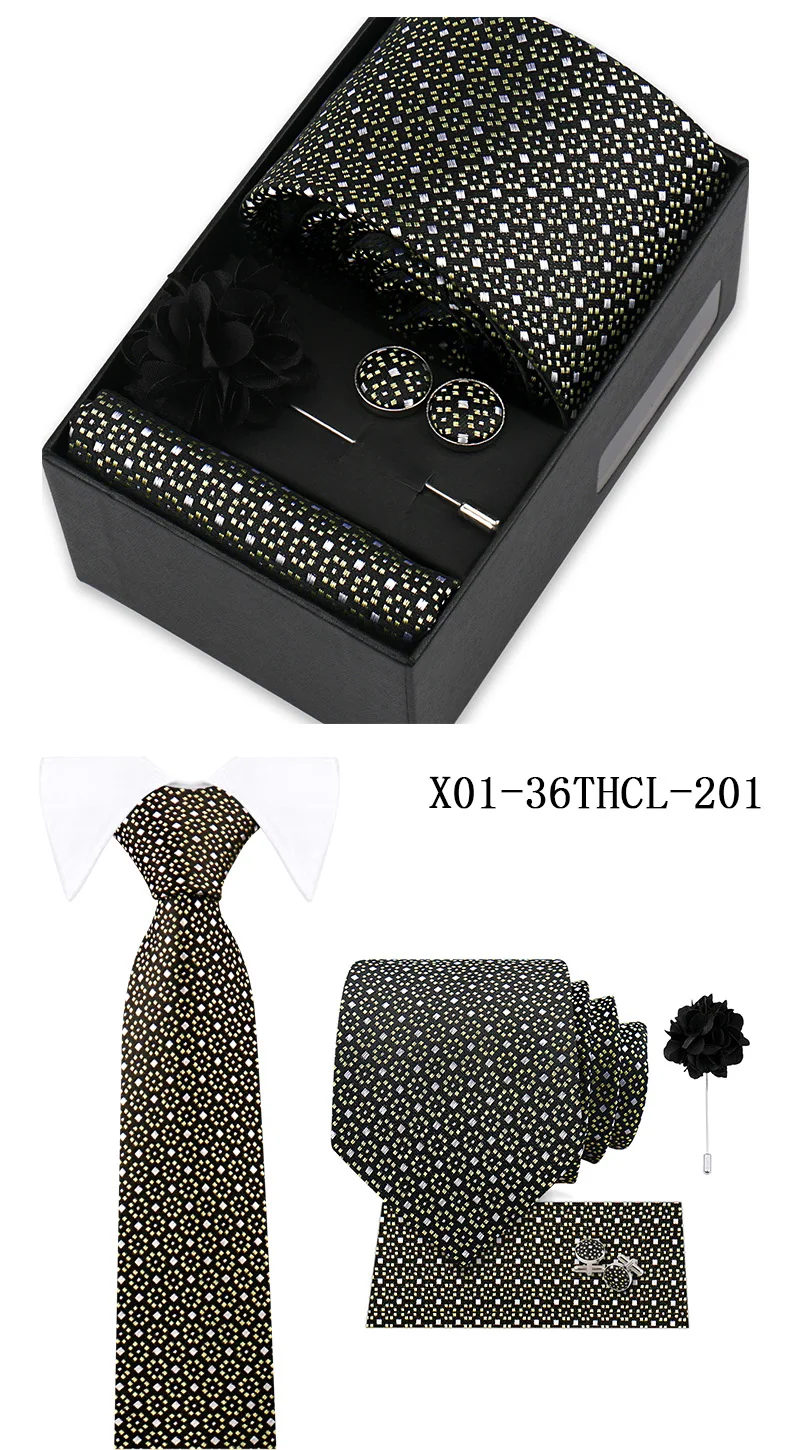 Men Tie Set With Box Flower Pin Luxury Necktie Handkerchief Brooch With Cufflinks Set Gift Box Wedding Men Suits Neck Gravatas