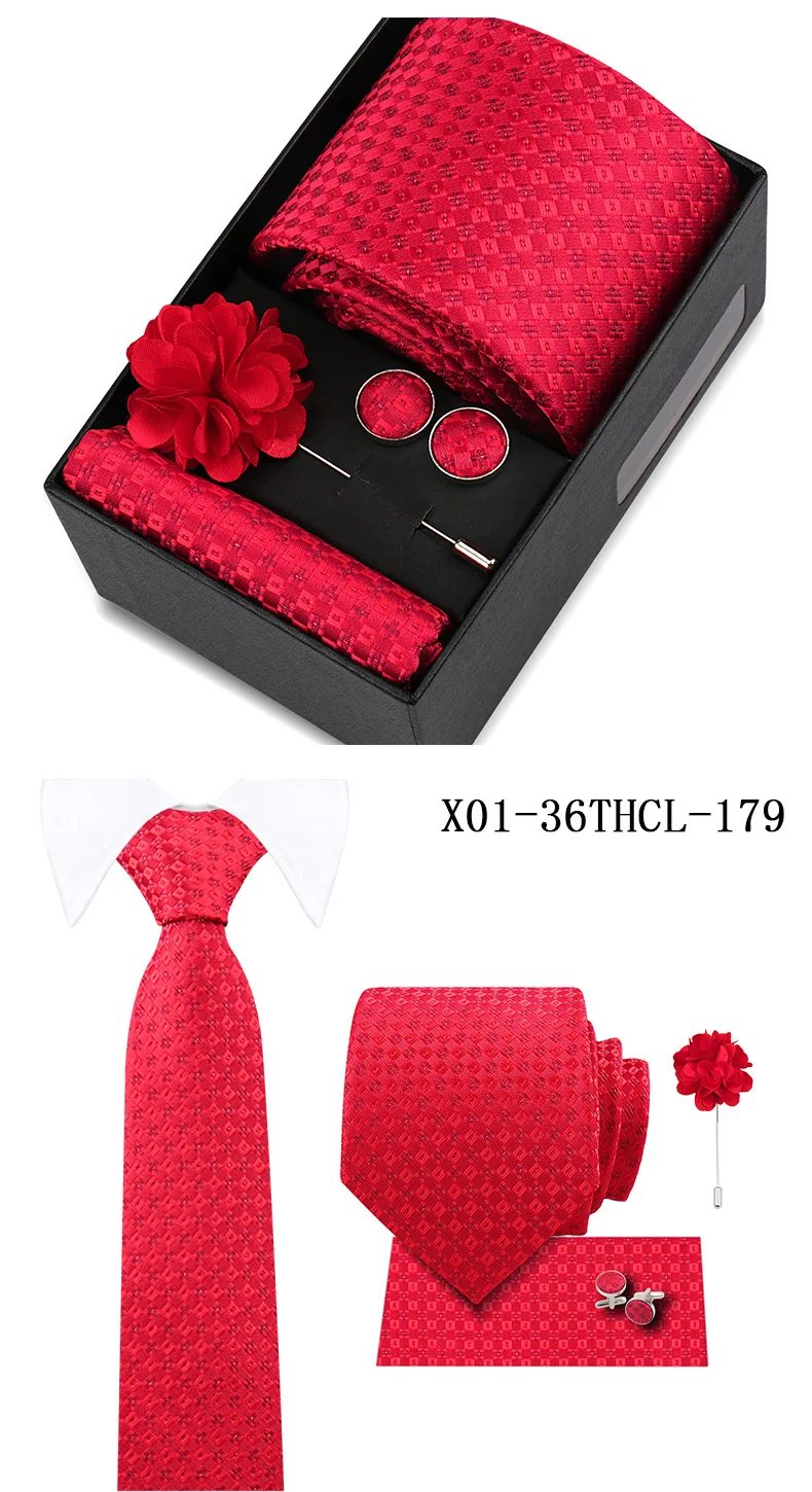 Men Tie Set With Box Flower Pin Luxury Necktie Handkerchief Brooch With Cufflinks Set Gift Box Wedding Men Suits Neck Gravatas