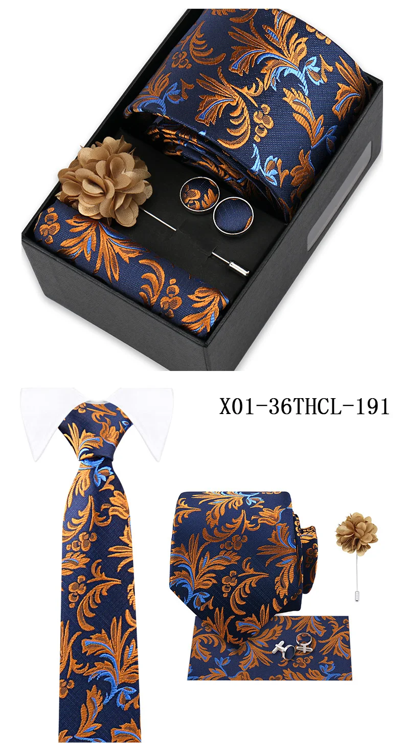 Men Tie Set With Box Flower Pin Luxury Necktie Handkerchief Brooch With Cufflinks Set Gift Box Wedding Men Suits Neck Gravatas