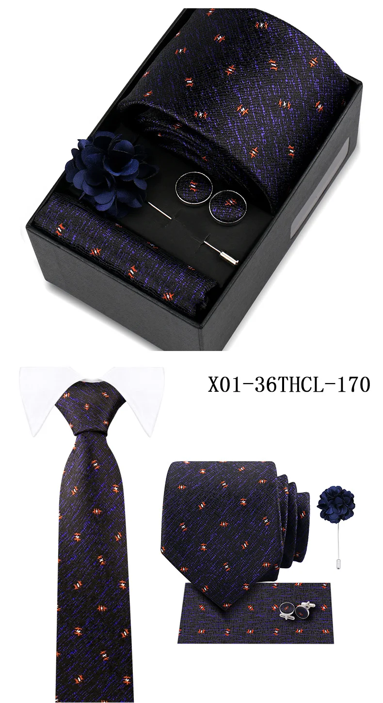 Men Tie Set With Box Flower Pin Luxury Necktie Handkerchief Brooch With Cufflinks Set Gift Box Wedding Men Suits Neck Gravatas