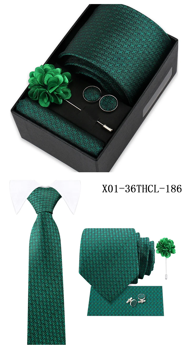 Men Tie Set With Box Flower Pin Luxury Necktie Handkerchief Brooch With Cufflinks Set Gift Box Wedding Men Suits Neck Gravatas