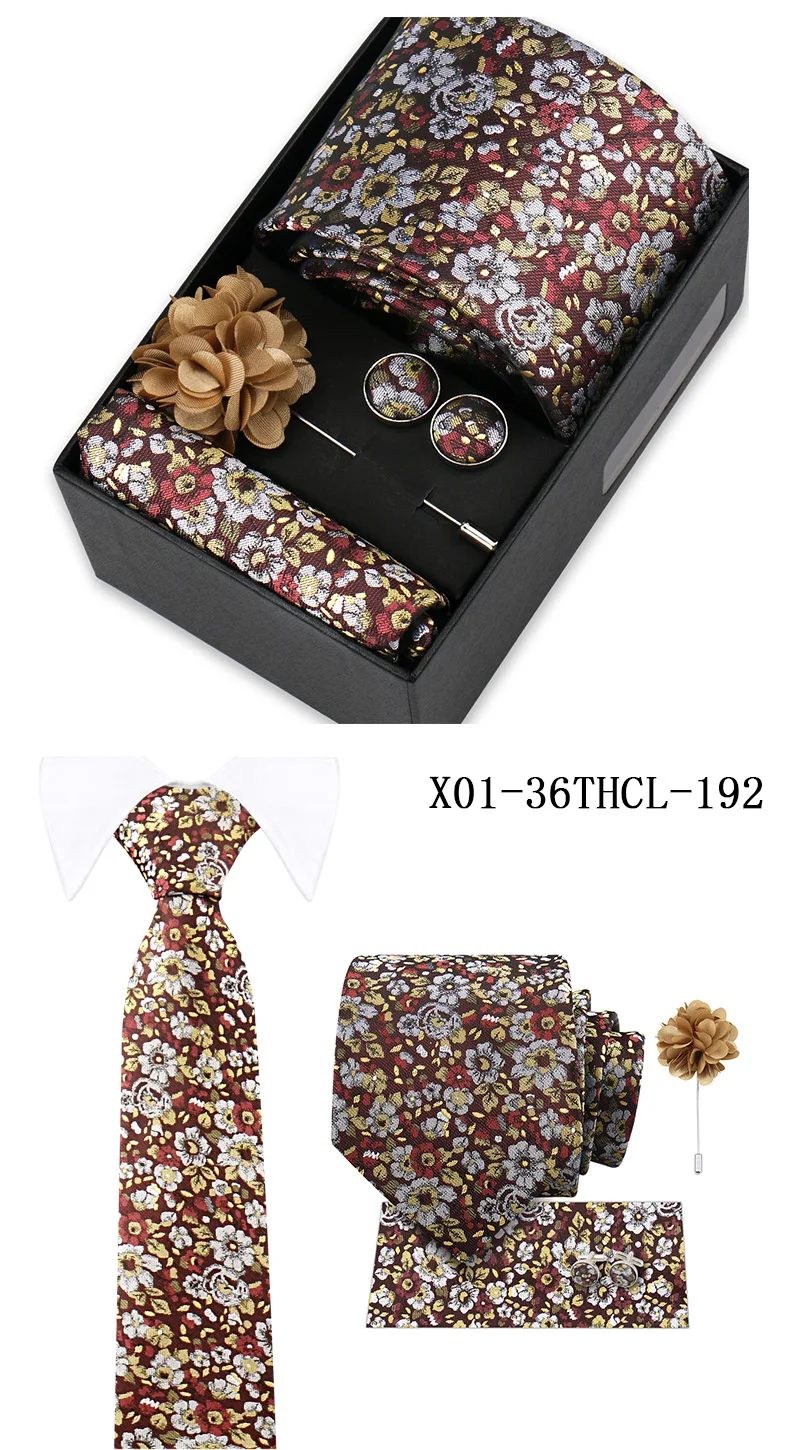 Men Tie Set With Box Flower Pin Luxury Necktie Handkerchief Brooch With Cufflinks Set Gift Box Wedding Men Suits Neck Gravatas