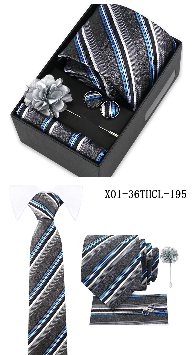 Men Tie Set With Box Flower Pin Luxury Necktie Handkerchief Brooch With Cufflinks Set Gift Box Wedding Men Suits Neck Gravatas