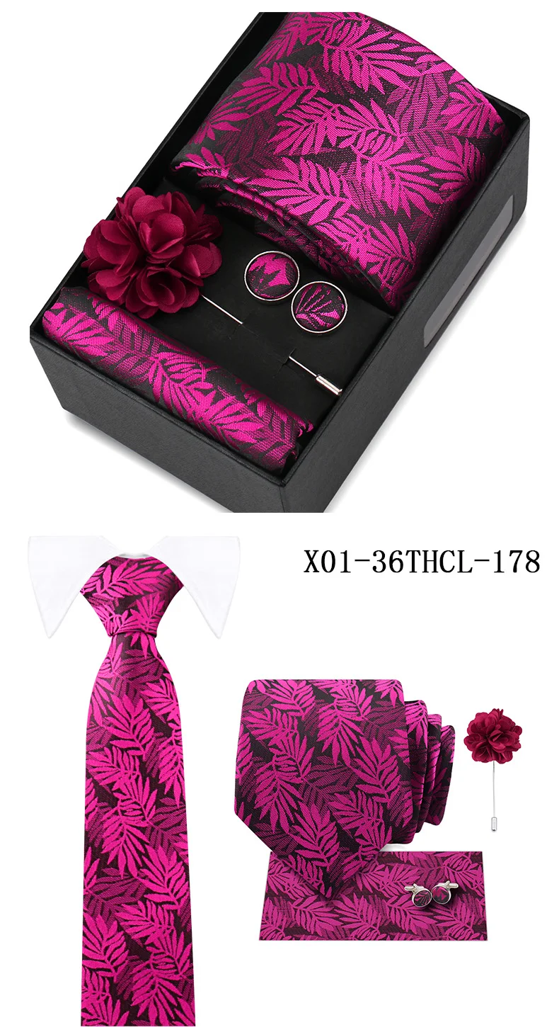 Men Tie Set With Box Flower Pin Luxury Necktie Handkerchief Brooch With Cufflinks Set Gift Box Wedding Men Suits Neck Gravatas