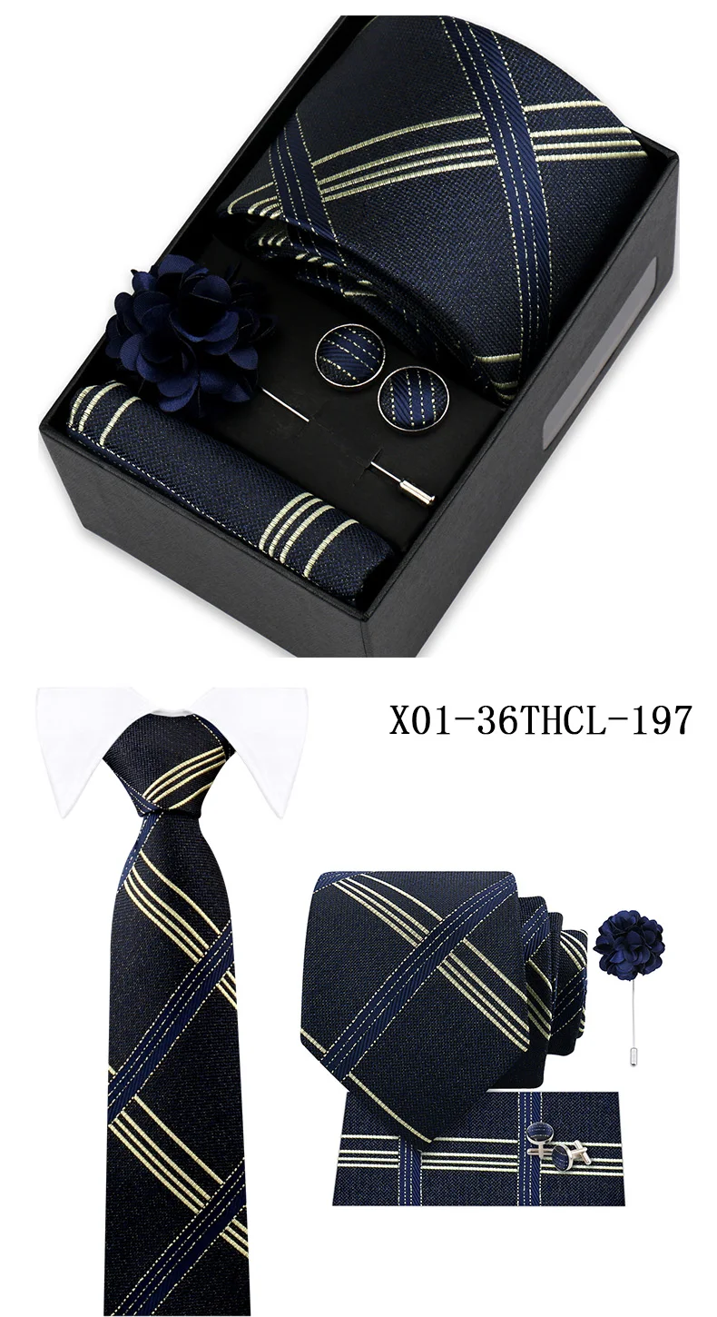 Men Tie Set With Box Flower Pin Luxury Necktie Handkerchief Brooch With Cufflinks Set Gift Box Wedding Men Suits Neck Gravatas