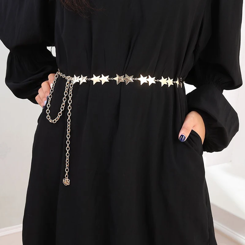 Female Tassel Waist Chain Belt Metal Star Pentagram Chain Belt Women Vintage Waist Belt Women Decorative Body Jewelry