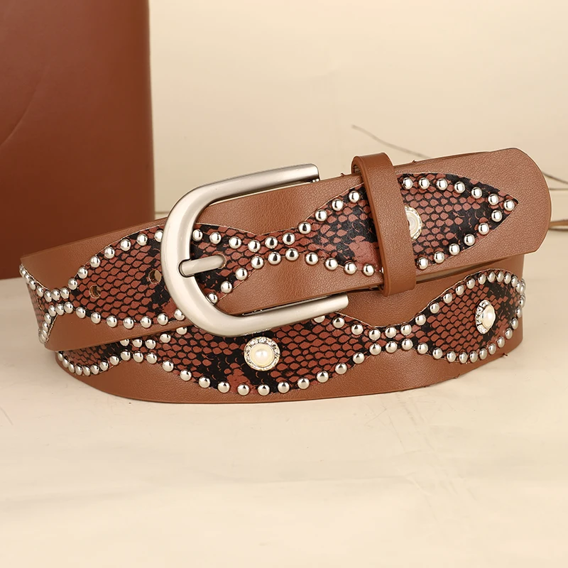 Trendy Punk Y2K Snake Print Belt with Pearls & Studs, PU Leather Waistband for Both Men and Women, Perfect for Jeans and Dresses