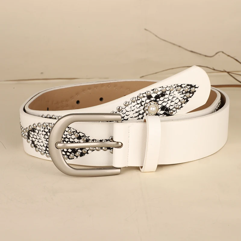 Trendy Punk Y2K Snake Print Belt with Pearls & Studs, PU Leather Waistband for Both Men and Women, Perfect for Jeans and Dresses