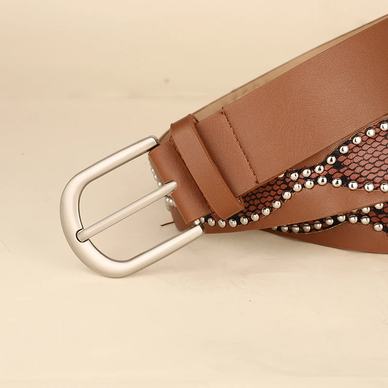 Trendy Punk Y2K Snake Print Belt with Pearls & Studs, PU Leather Waistband for Both Men and Women, Perfect for Jeans and Dresses