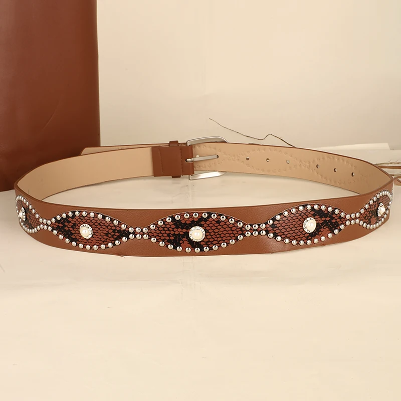 Trendy Punk Y2K Snake Print Belt with Pearls & Studs, PU Leather Waistband for Both Men and Women, Perfect for Jeans and Dresses