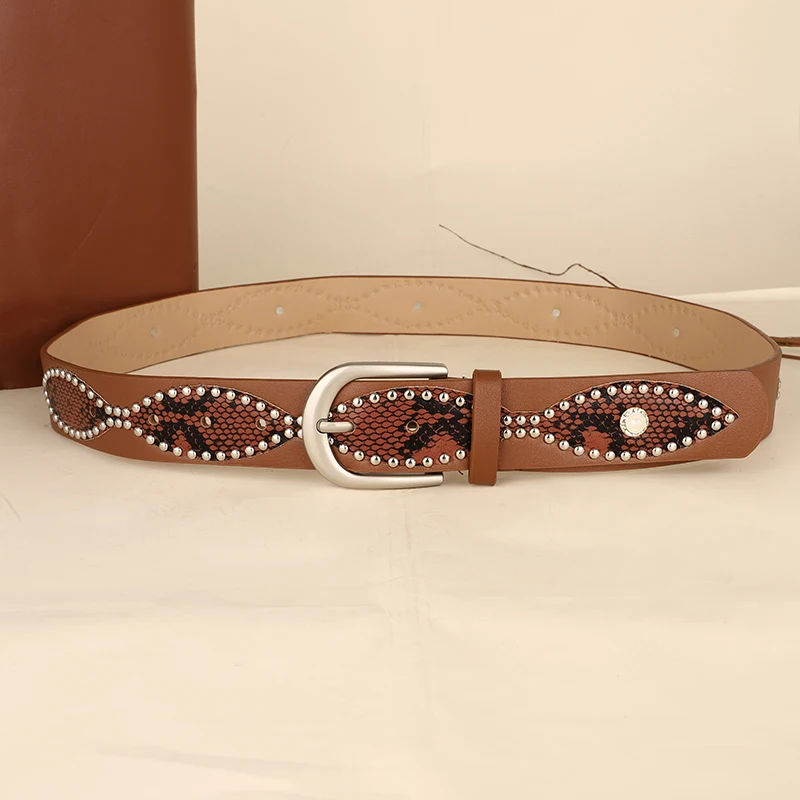 Trendy Punk Y2K Snake Print Belt with Pearls & Studs, PU Leather Waistband for Both Men and Women, Perfect for Jeans and Dresses