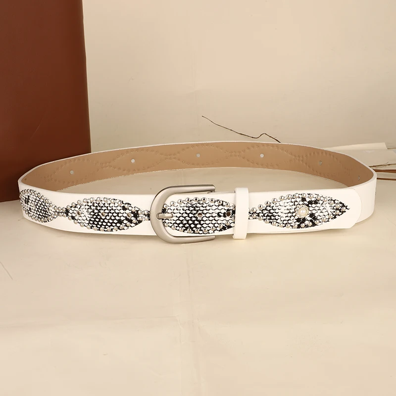 Trendy Punk Y2K Snake Print Belt with Pearls & Studs, PU Leather Waistband for Both Men and Women, Perfect for Jeans and Dresses